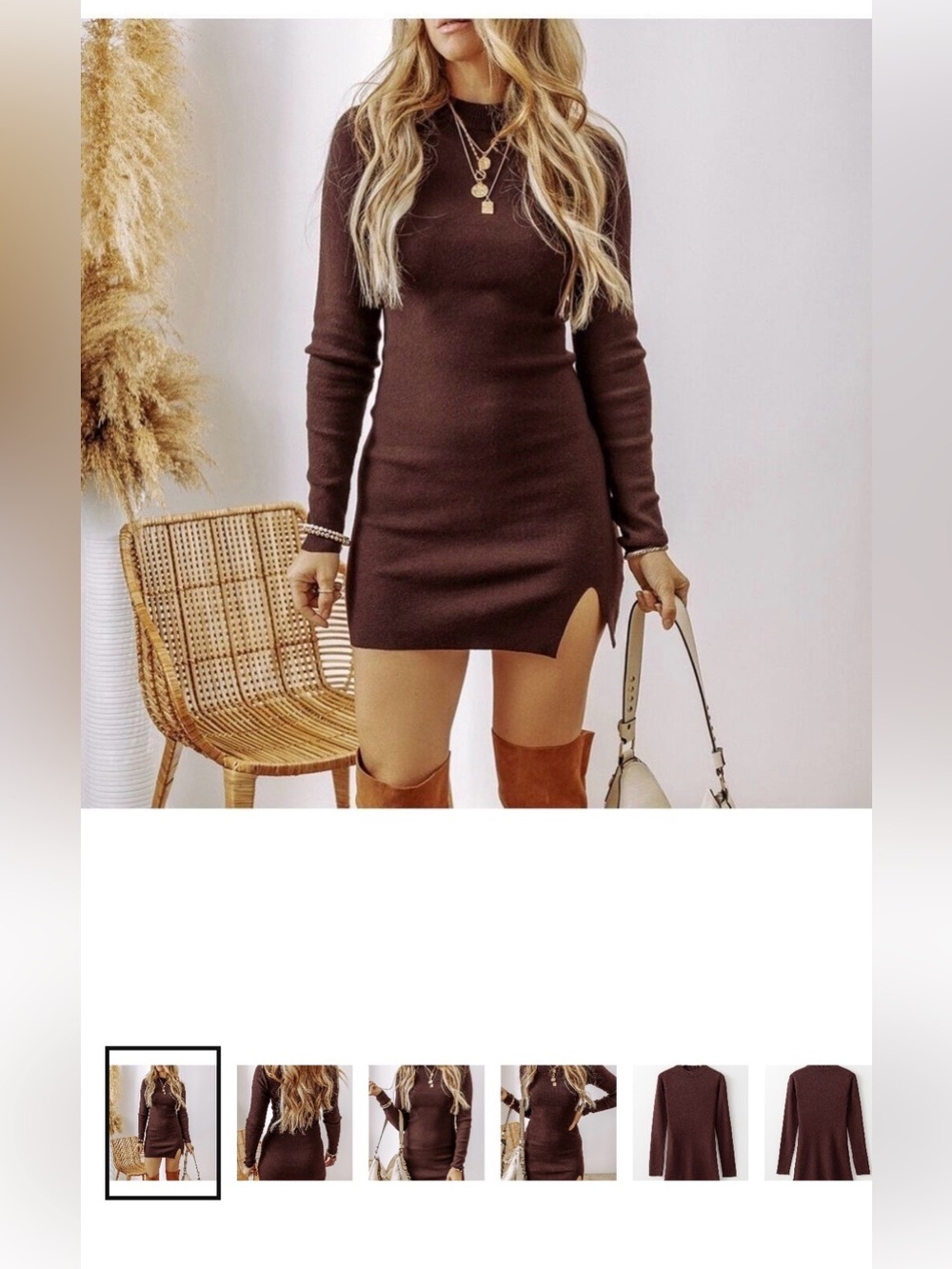Coffee Slim Fit Mock Neck Side Slit Sweater Dress